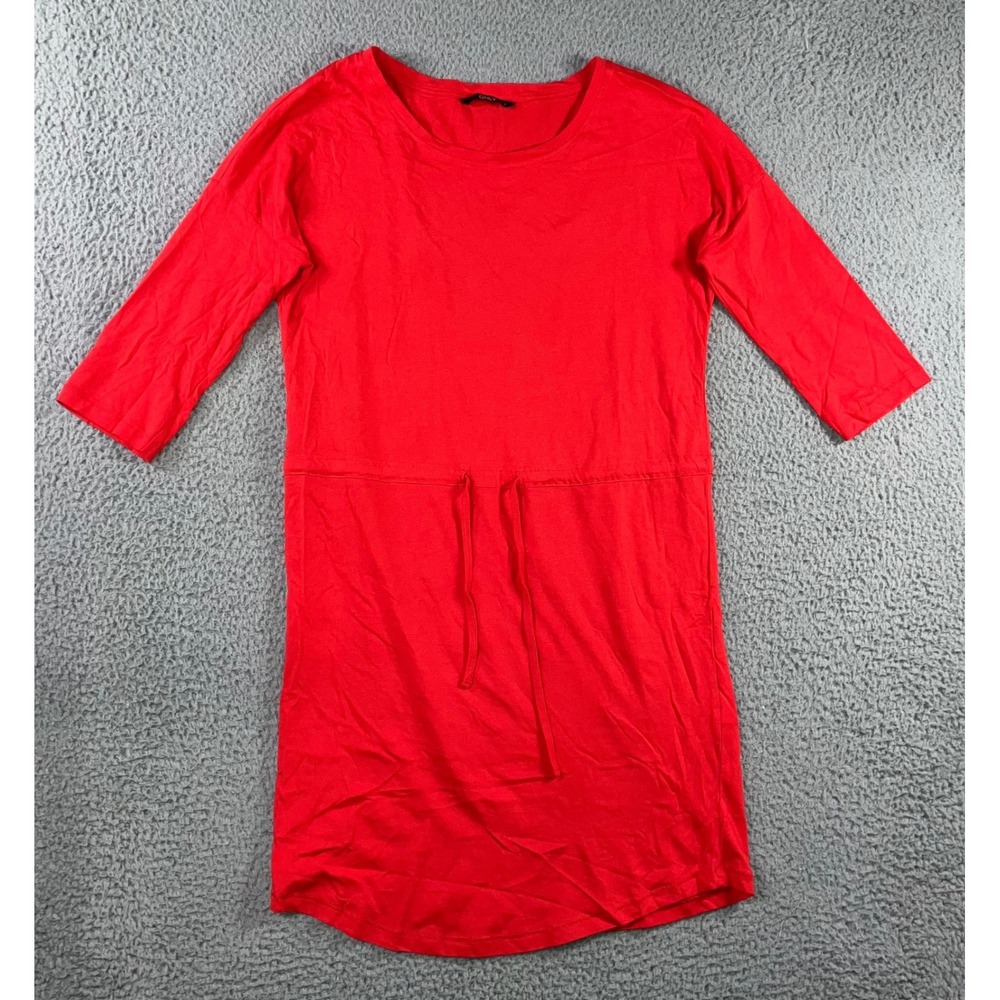 T‎ Shirt Dress Women S Red 3/4 Sleeve Cotton Drawstring Waist Casual Relaxed